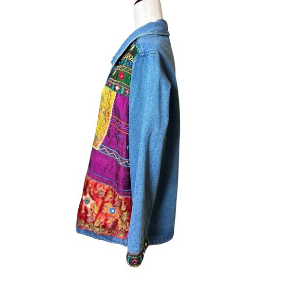 Vintage Cotton Blue Denim 100% Silk Patchwork Jacket 1X Funky Artsy Teacher 80's - Picture 5 of 8